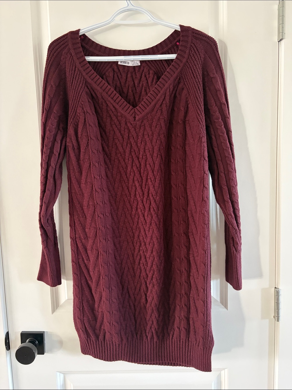 Cable-Knit V-Neck Sweater Dress - Burgundy